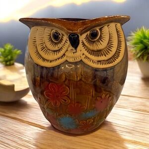 Handcrafted Owl Ceramic Vase - Brown and Blue